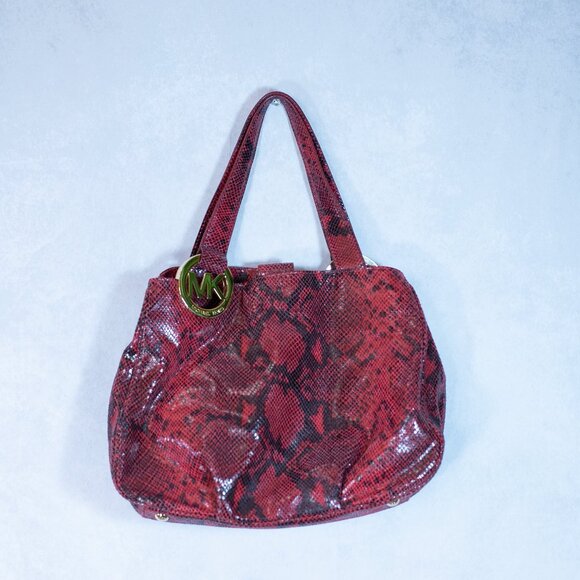Michael Kors Fulton East-West Tote Red Python Embossed Leather Bag Large - Picture 6 of 13